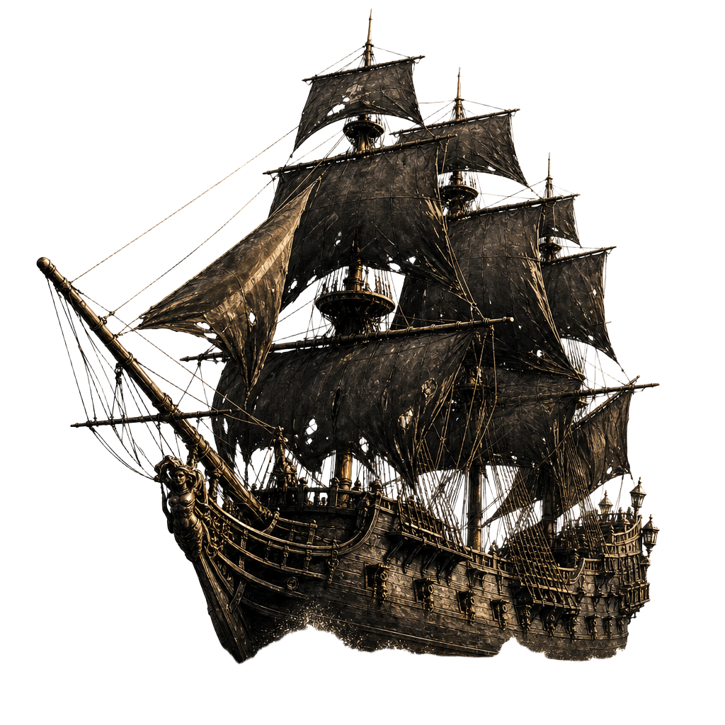 The Black Pearl, a three-masted galleon with tattered black sails